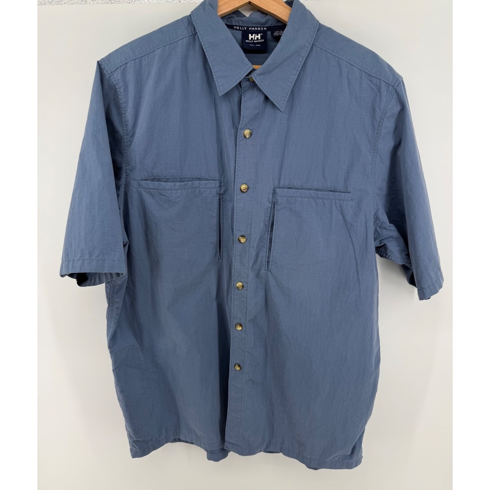 Helly Hansen Mens XXL Blue Short Sleeve Utility Button Down Shirt Zip Pockets